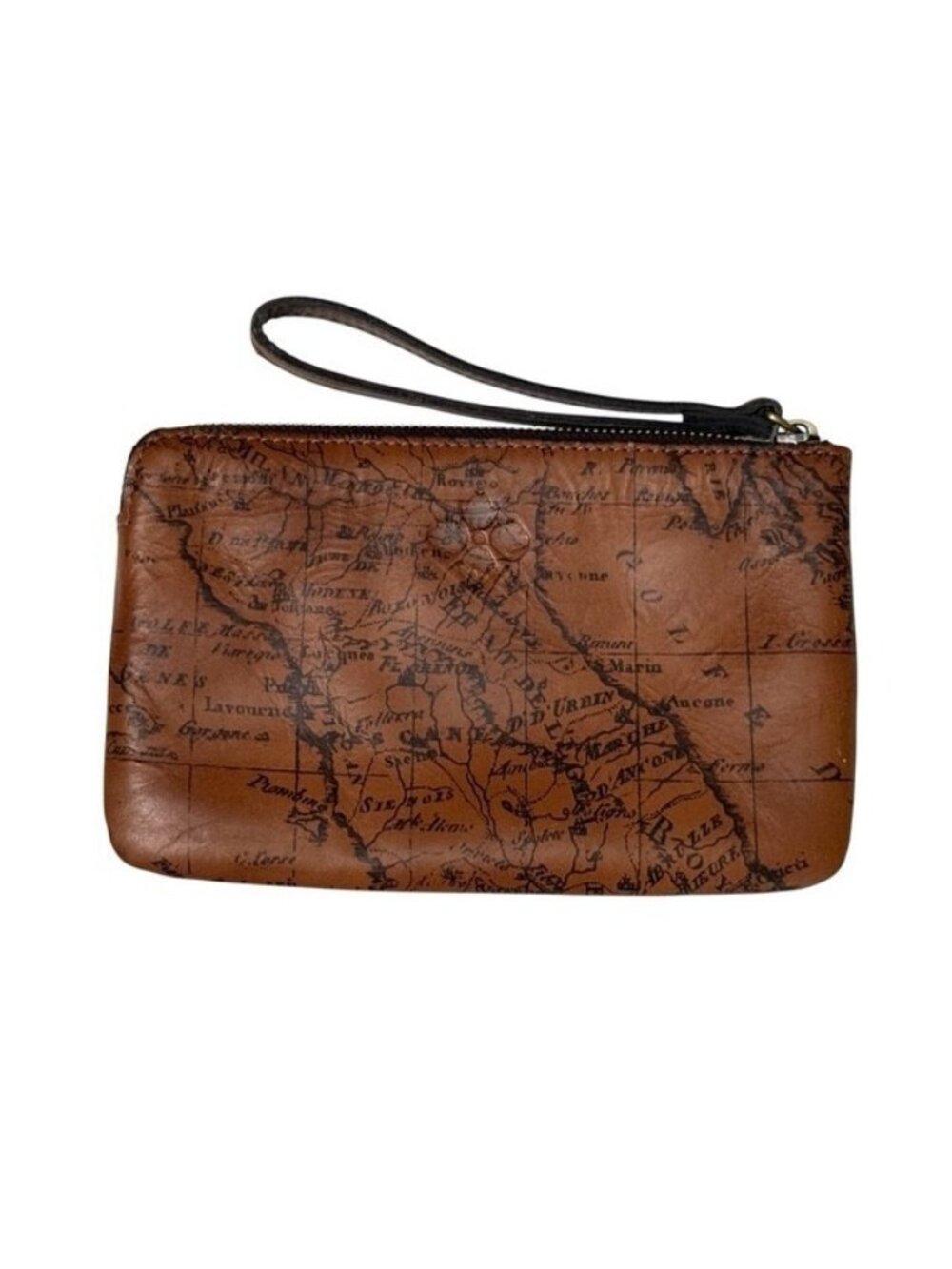 Patricia Nash Italy Signature Map Print Riot Rush Brown Leather Cassini Wristlet